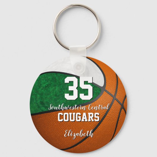meisjesbasketbal groene witte schoolteamkleuren sleutelhanger (Voorkant)