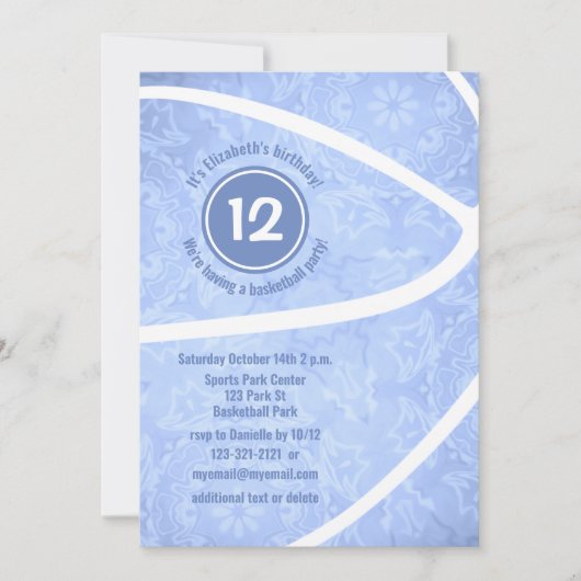 meisjesblauw basketbalfeest kaart (Voorkant)