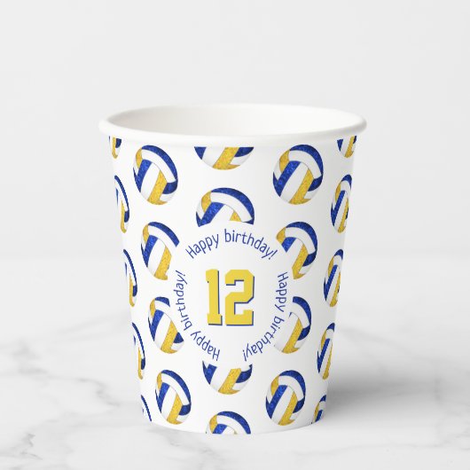 meisjesblauw gouden volleyballen verjaardagsfeestj papieren bekers (Voorkant)