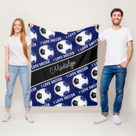 meisjesblauw zwart Ik hou van voetbal tekst patroo Fleece Deken