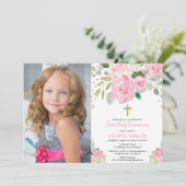 Meisjesbloem eerst heilige communie lichtroze foto kaart (Staand voorkant)
