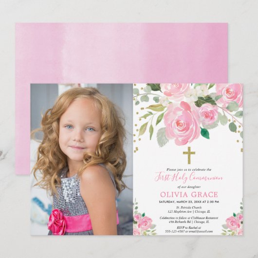 Meisjesbloem eerst heilige communie lichtroze foto kaart (Voorkant / Achterkant)