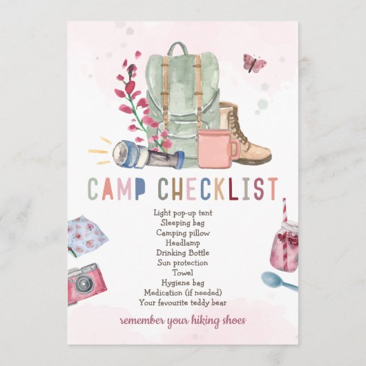 MeisjesCamp Party Invitation Camp Out Birthday Programmakaart (Achterkant)