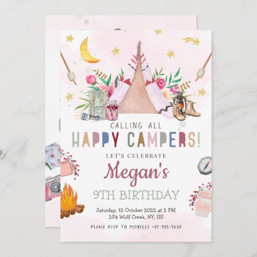MeisjesCamp Party Invitation Camp Out Birthday Programmakaart (Voorkant / Achterkant)
