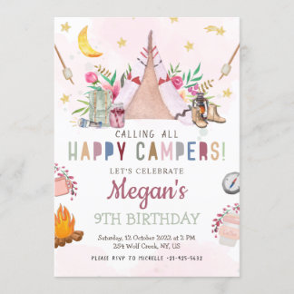 MeisjesCamp Party Invitation Camp Out Birthday Programmakaart