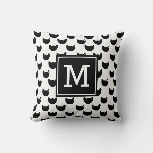 Meisjeschic Doodle black cat Monogram op maat Kussen (Voorkant)