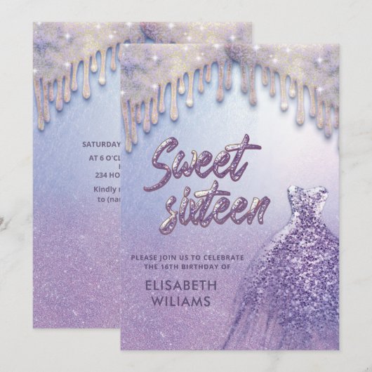 Meisjeschic-jurk druppelt lila paarse glitterij kaart (Voorkant / Achterkant)