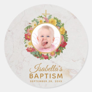 Meisjesdoop foto in marmeren schrift met rozenkran ronde sticker