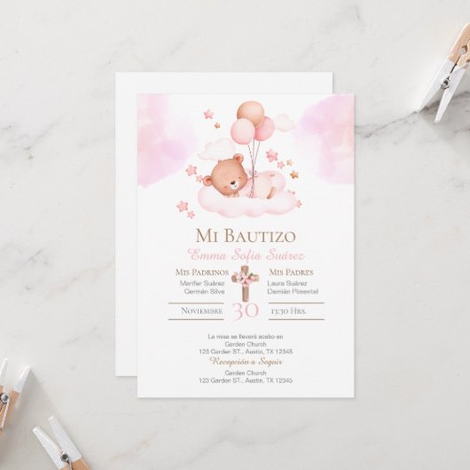 Meisjesdoop met roze beer en ballonnen kaart (Voorkant / Achterkant in situ)