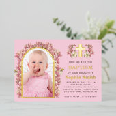 Meisjesdoop Roze Bloemenboog Foto Orchideeën Goud Folie Uitnodiging (Staand Voorkant)