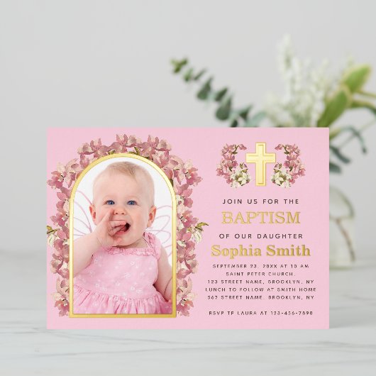 Meisjesdoop Roze Bloemenboog Foto Orchideeën Goud Folie Uitnodiging (Staand Voorkant)