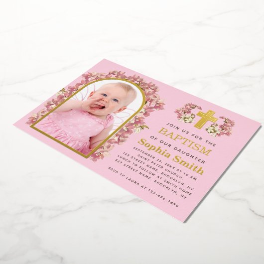 Meisjesdoop Roze Bloemenboog Foto Orchideeën Goud Folie Uitnodiging (Gedraaid)