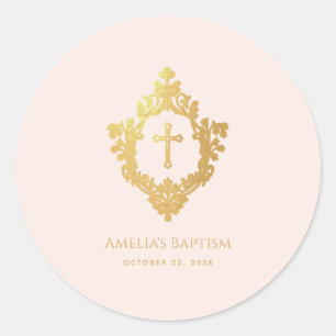 Meisjesdoop roze elegante nepgouden vintage kroon ronde sticker