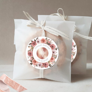 Meisjesdoop, Roze Gouden Bloem Motief Envelope Zeg Ronde Sticker