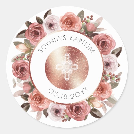 Meisjesdoop, roze gouden bloemensegel/envelope fav ronde sticker (Voorkant)