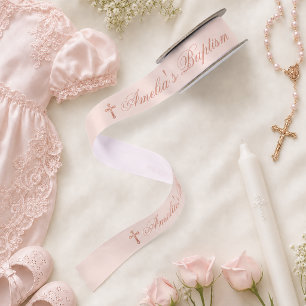 Meisjesdoop Roze Roze Goud Kruis en Kalligrafie Satijnen Lint