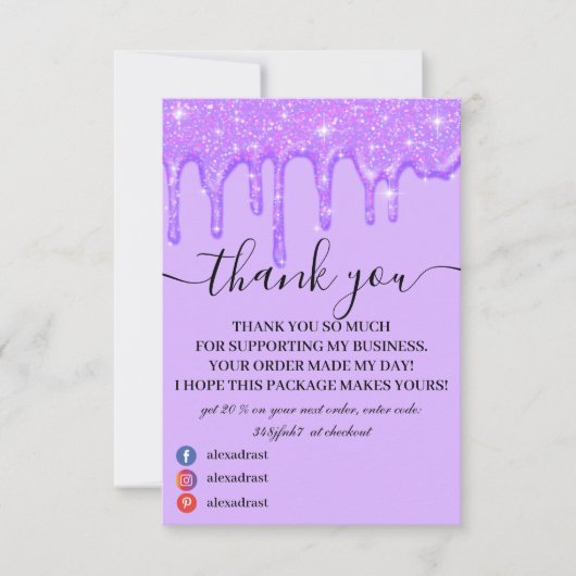 Meisjesdrift Paarse glitter Hartelijk dank Bedankkaart (Voorkant)