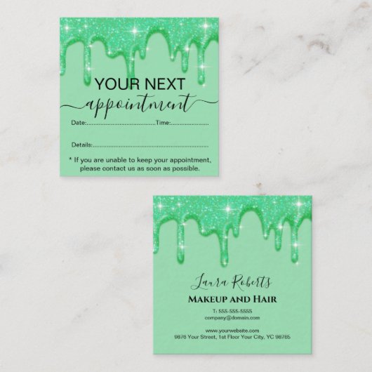 Meisjesdripend Groene Glitter Benoeming Afsprakenkaartje (Voorkant / Achterkant)