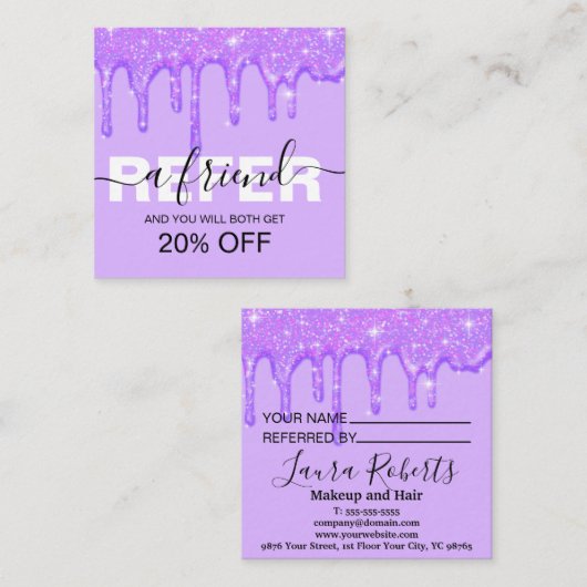 Meisjesdrivende Paarse Glitter Referral-Kaart Aanbevelingskaartje (Voorkant / Achterkant)