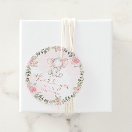 Meisjeseucalyptusroze olifant baby shower bedankjes labels (In situ)