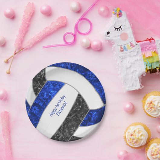meisjesfeestje bij blauwe volleybal zwarte sport papieren bordje (Feest)