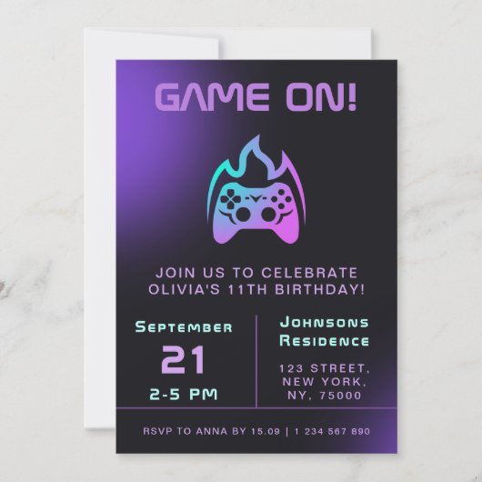 Meisjesgamer Birthday Party Neon Video Game Thema Kaart (Voorkant)