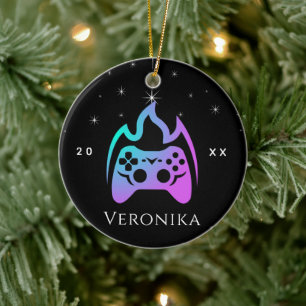 Meisjesgamer Neon Video Game Console Naam en Jaar Keramisch Ornament