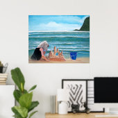 Meisjesgebouw zandkasteel bij de schilderkunst van poster (Thuiskantoor)