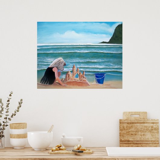 Meisjesgebouw zandkasteel bij de schilderkunst van poster (Keuken)