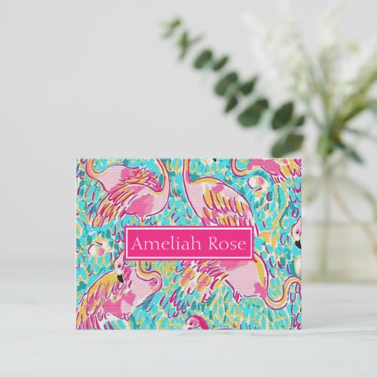 Meisjesgepersonaliseerde roze flamingo Post Card Briefkaart (Staand voorkant)
