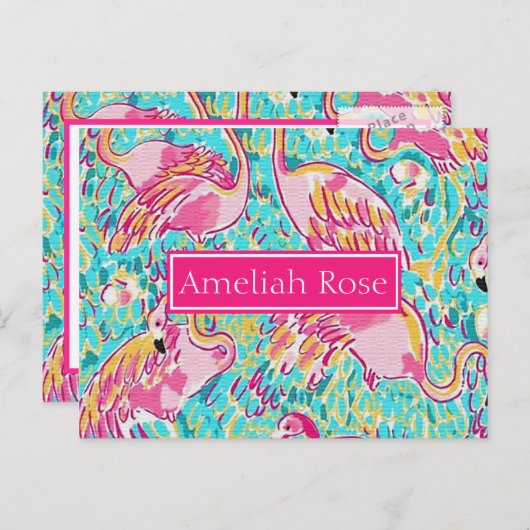 Meisjesgepersonaliseerde roze flamingo Post Card Briefkaart (Voorkant / Achterkant)