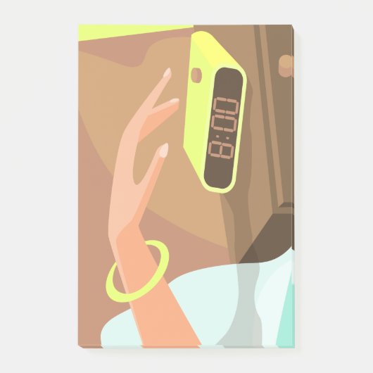 Meisjeshand die de alarmklok aandrukt post-it® notes (Voorkant)