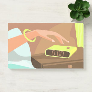 Meisjeshand die de alarmklok aandrukt post-it® notes