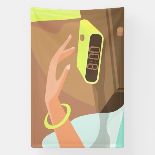 Meisjeshand die de alarmklok aandrukt spandoek (Verticaal)