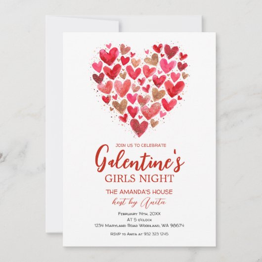 Meisjesharten Galentine's Night Feest Valentijn Kaart (Voorkant)
