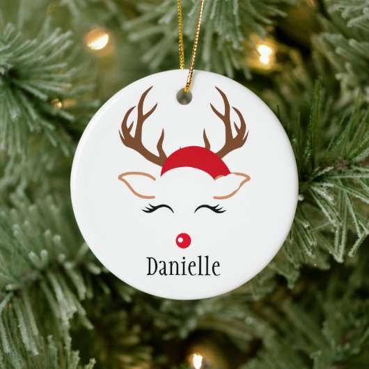 Meisjeskerstrenrennierrode neussanta hat keramisch ornament (Boom)