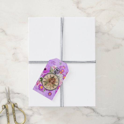 meisjesklok Bekijk Paarse Labels met Floral Gift Cadeaulabel (Met Touw)