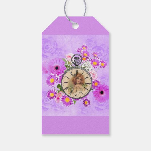 meisjesklok Bekijk Paarse Labels met Floral Gift Cadeaulabel (Achterkant)