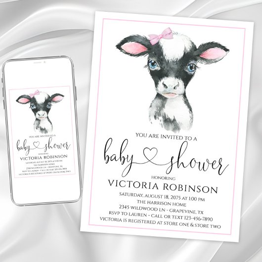 Meisjeskoe boerderij babyshower uitnodigingen