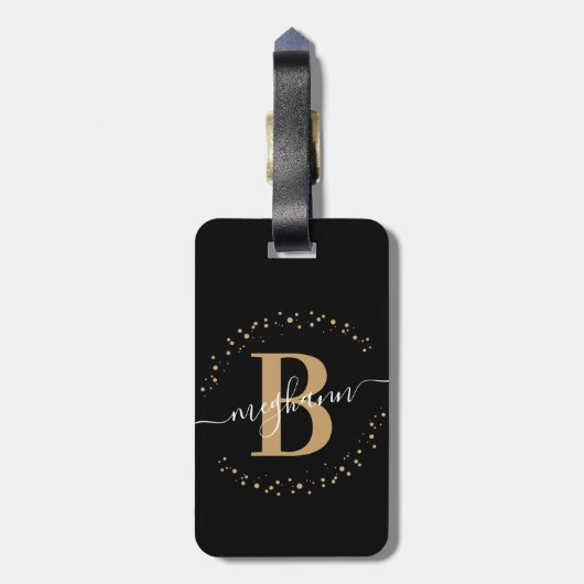 Meisjeslegant Black Gold Name Monogram Script Bagagelabel (Achterkant verticaal)