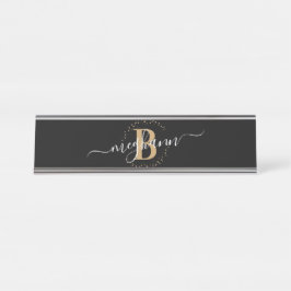 Meisjeslegant Black Gold Name Monogram Script Bureau Naambordje