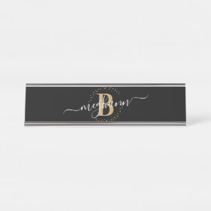 Meisjeslegant Black Gold Name Monogram Script Bureau Naambordje