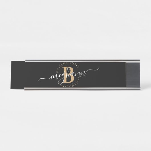 Meisjeslegant Black Gold Name Monogram Script Bureau Naambordje (Voorkant)