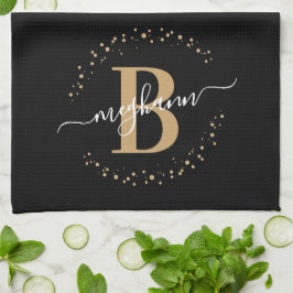 Meisjeslegant Black Gold Name Monogram Script Theedoek