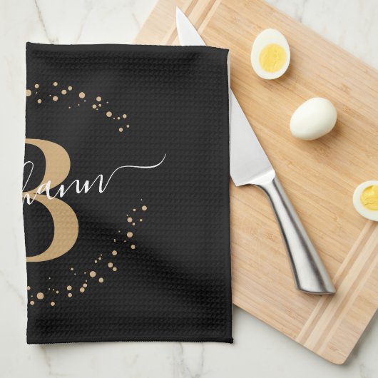 Meisjeslegant Black Gold Name Monogram Script Theedoek (Quarter Fold)