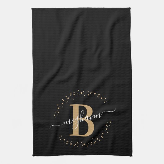 Meisjeslegant Black Gold Name Monogram Script Theedoek (Verticaal)
