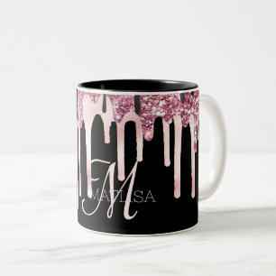 Meisjeslegant zwart monogram roze naam tweekleurige koffiemok