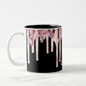 Meisjeslegant zwart monogram roze naam tweekleurige koffiemok (Links)