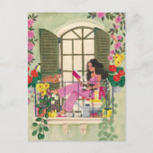 Meisjeslezen op zomerbalkon met katten briefkaart (Voorkant)