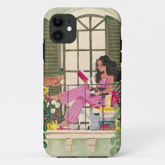Meisjeslezen op zomerbalkon met katten Case-Mate iPhone case (Achterkant)